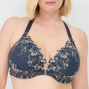 Cacique Boost Plunge Blue Front Closure Embroidered Bra Women’s Plus Size 42DD
